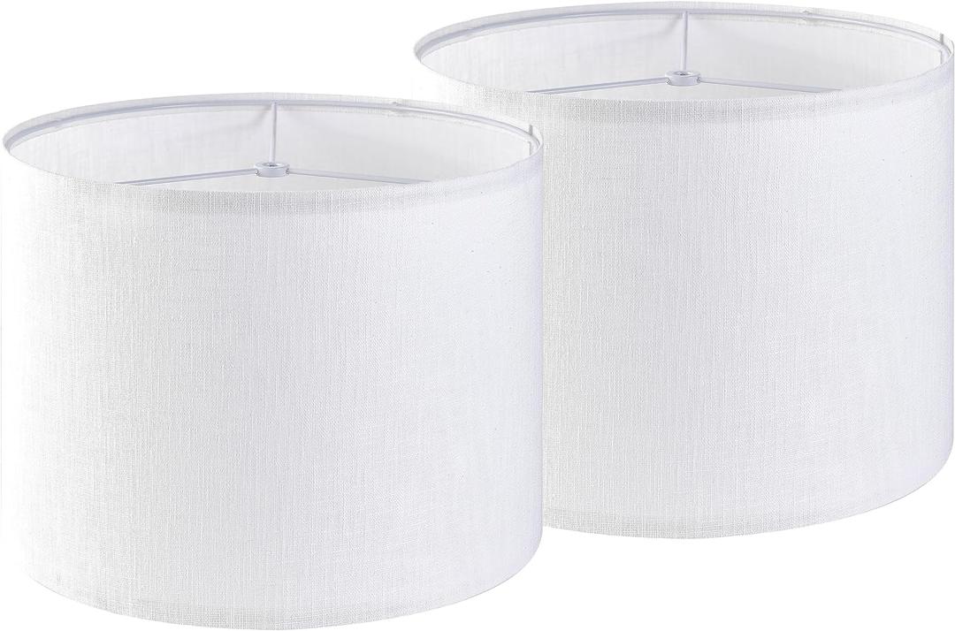 Set of 2 Pure White Linen Drum Lamp Shade 13" Top x 13" Bottom x 10" High (Spider) Contemporary Lamp Shades for Table Lamps & Bedside Lamps Replacement Lampshade - GO&SO - Assembly is Required