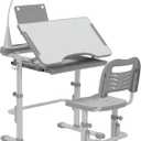 SMAGREHO Kids' Desk and Chair Set, Height Adjustable Child's School Study Writing Tables with Tilt Desktop, LED Light, Storage Drawer, Book Stand(Grey), Onesize