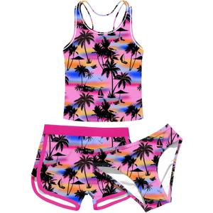 uideazone Girls 3 Piece Bathing Suit Summer UPF 50+ Racerback Swimsuit with Shorts Beach Tankini Sets 8-16 Years (A2-hawaian Tree)