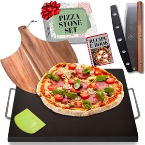Reversible Ceramic Pizza Stone for Oven - Pizza Stones for Grill with Handles, Pizza Peel, Pizza Cutter, Dough Tool - Bread Baking Stone - 15 inch Ceramic Pizza Pan - Pizza Making Kit - Oven Stone