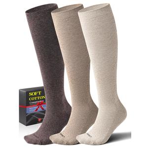 Soft Cotton Compression Socks for Women Men 20-30mmHg Knee High Support for Circulation, Nurses, Pregnancy, Travel, Medium-Large, 3 Pairs - Natural Land