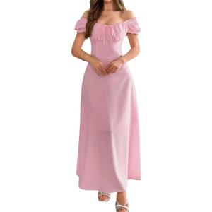 ChiaoLezhee Off Shoulder Maxi Dress, Flowy A Line, Spring Tea Party, Wedding Guest Square Neck Drop Waist Renaissance Vintage (Light Pink) X-Large