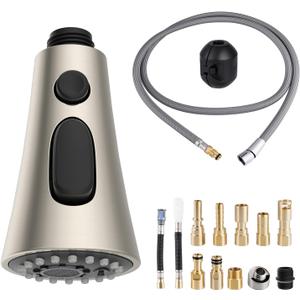 Kitchen Faucet Head Replacement Set Compatible with Moen/Delta/Kohler/Grohe/Hansgrohe, Pull Down 3 Function Kitchen Sink Sprayer Set, 67in Hose and 14.1oz Weight Ball, Brushed Nickel