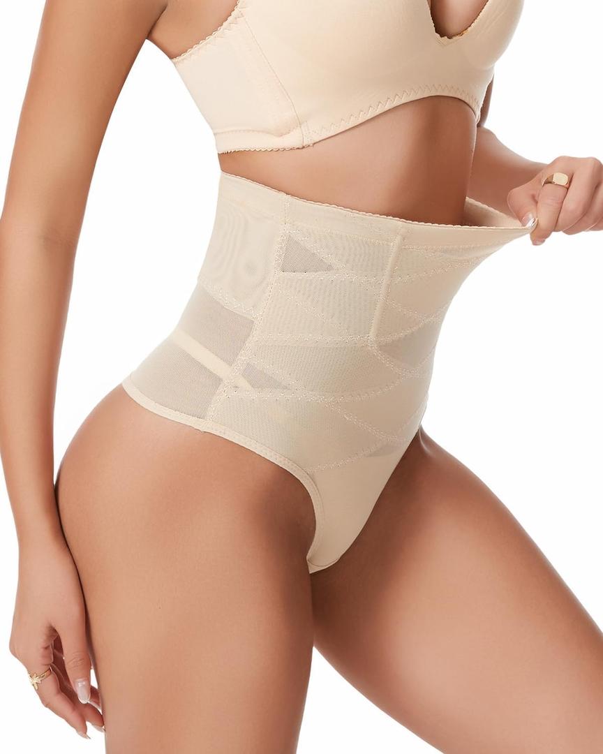 Tummy Control Thong Shapewear Underwear for Women Low Rise Seamless Body Shaper Girdle Compression Panties (Beige, M)