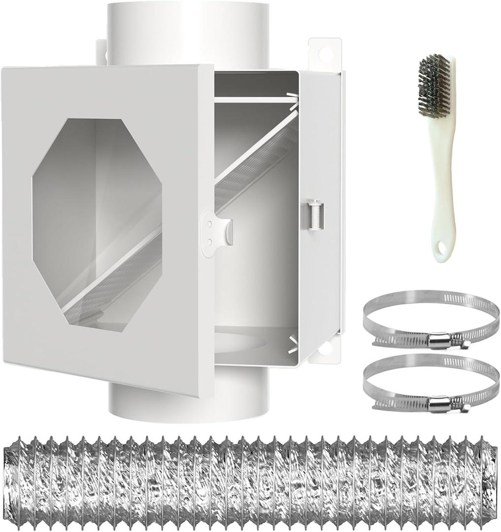 Dryer Duct Lint Trap, Metal Indoor Dryer Vent Box with 4inch 5FT Dryer Vent Hose, 2 Clamps, 2 Stainless Steel Mesh, Secondary Lint Trap for Electric Clothes Dryers -Complete Dryer Vent Cleaning System