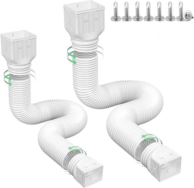 2 Pack Flexible Rain Gutter Downspout Extensions,Drain Downspout Extender,Gutter Extension Flexible,Down Spout Drain Extension Pipes,Extendable from 21 to 60 Inches (White)