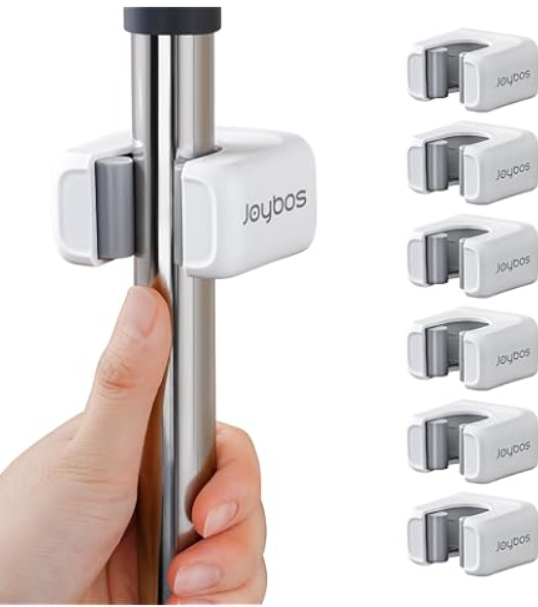 Joybos 6 Pack Mop and Broom Holder Wall Mount, No Drill Needed Self Adhesive, Non-Slip Mop Grippers for Tile Walls - Kitchen, Bathroom, Garage White