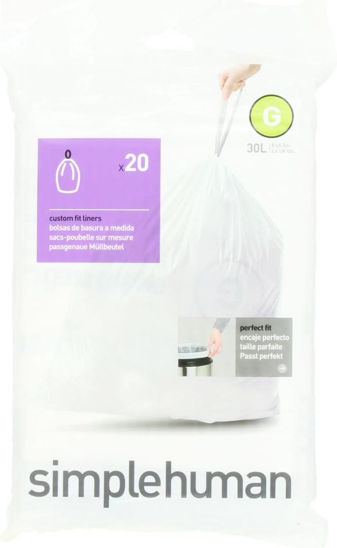 simplehuman Code G Custom Fit Drawstring Trash Bags in Dispenser Packs, 30 Liter / 8 Gallon, White  20 Liners