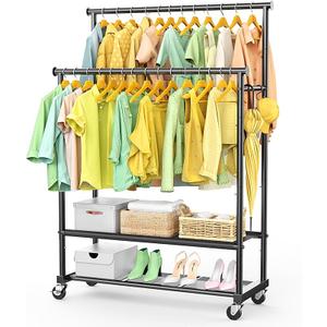 Double Rods Clothes Rack for Hanging Clothes, Heavy Duty Rolling Clothing Rack with Wheels, Freestanding Garment Racks with Oxford Bottom Shelf and Mesh Bottom Shelf for Bedroom Laundry Living Room