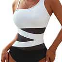 Blooming Jelly Women's Sexy One Piece Bathing Suits One Shoulder Swimsuits Slimming Mesh Swimwear(Medium,White and Black)