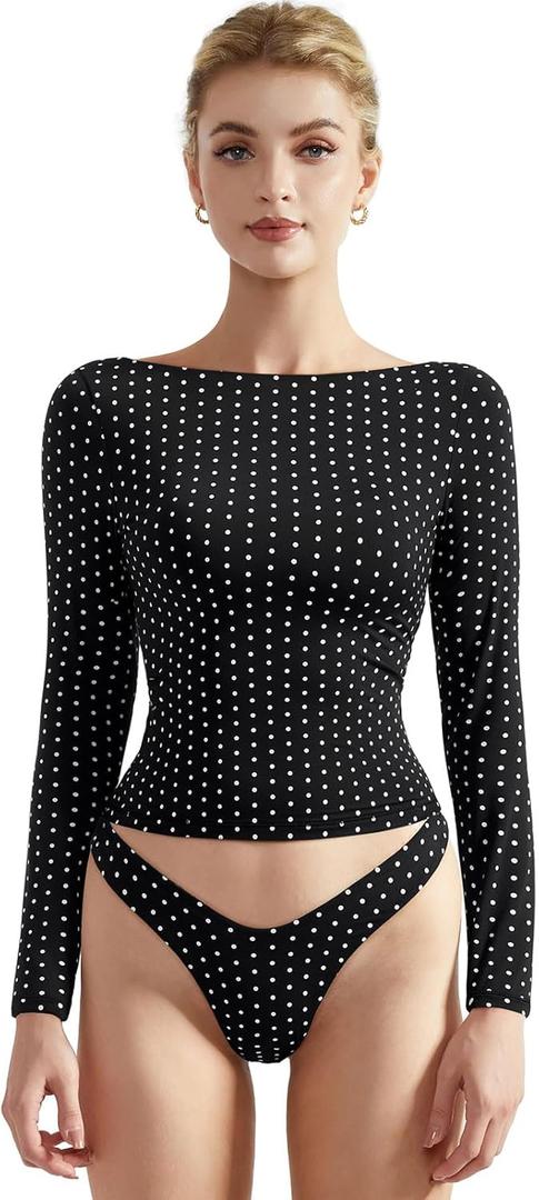 SUUKSESS Women Crew Neck Long Sleeve T Shirts Double Lined Tight Fitted Crop Top (Medium, Black Polka Dots)