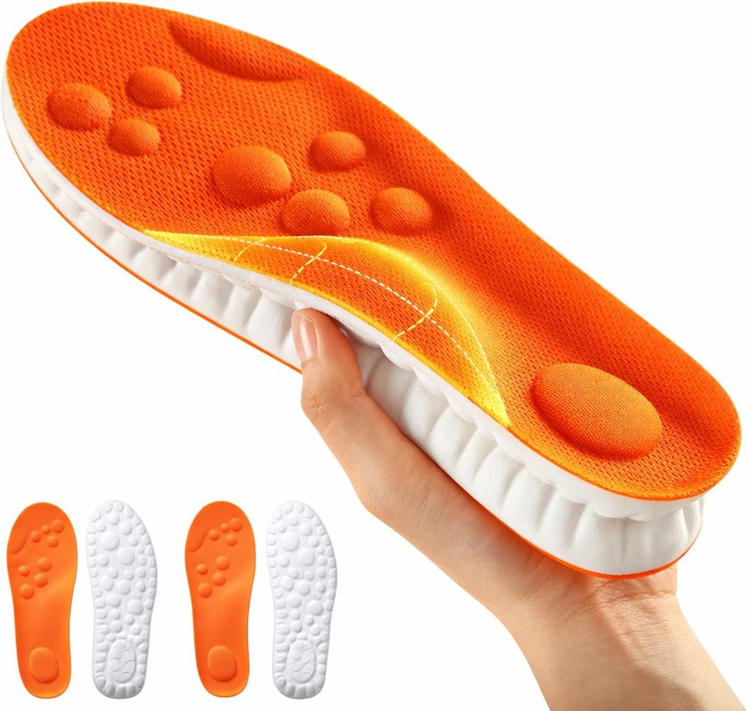 2 Pairs Massage Insoles for Men Women - 4D Cloud Orthopedic Insoles, Memory Foam Cushion Insole, Shock Absorption & Arch Support (Orange,M9-W10)