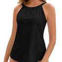 WOWENY Tankini Tops for Women Halter Swimwear Top Only High Neck Bathing Suit Tops No Bottom(Black, Medium)