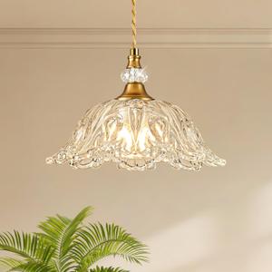 1 Piece Vintage Chandelier Light Fixtures with Crystal Glass Shade,Matte Brass Finish Pendant Light for Kitchen Island, Hanging Light Fixture for Dining Room, Hallway, Living Room, Bedroom