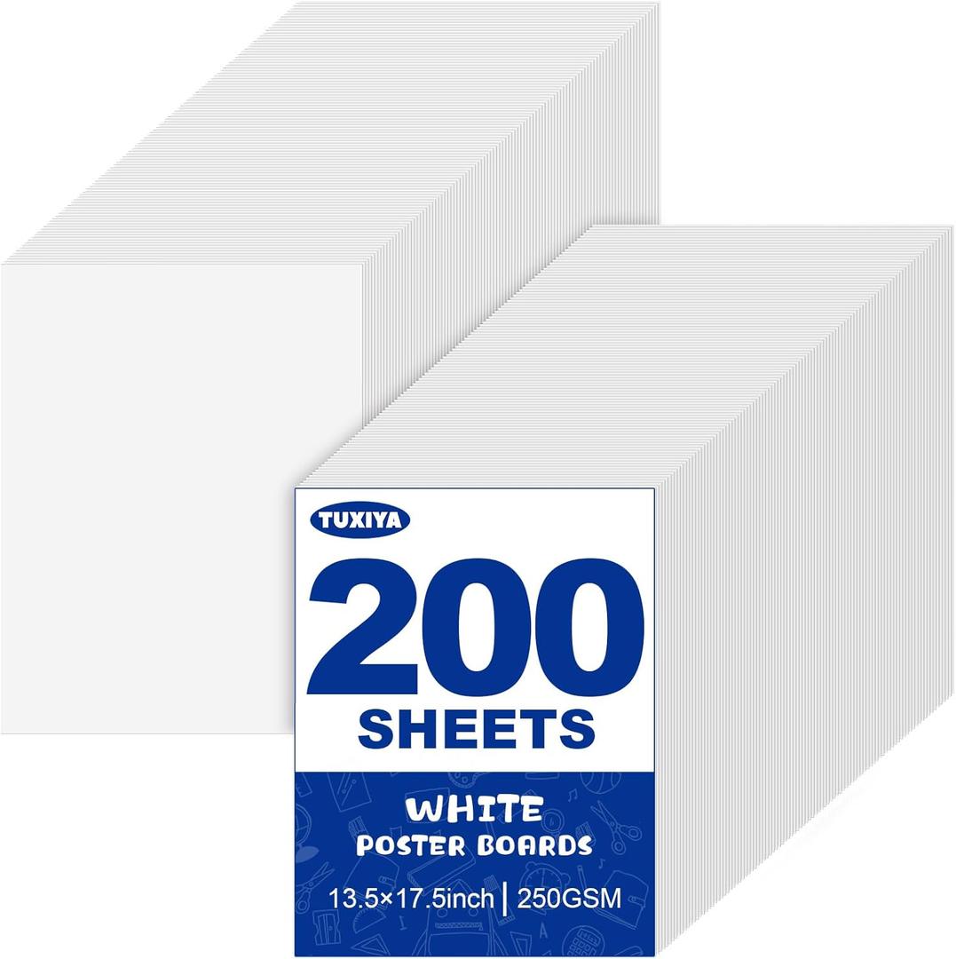 TUXIYA 200 Pack White Poster Board,13.5" x 17.5" White Poster Paper Bulk,250GSM/92LB Heavy-Weight Blank Poster Board for Arts,Craft,Projects Presentations,Drawing Scrapbooking