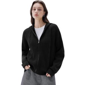 SUUKSESS Women Chunky Knit Cashmere Sweaters Zip up Oversized Hoodies Cardigan with Pockets Long Sleeve Fall Jackets Outerwear (Black, M)