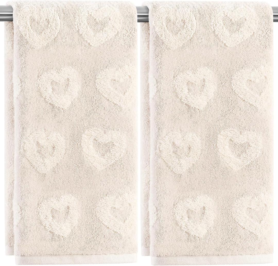 Quera 2 Pack Valentine's Day Hand Towels Beige Heart 3D Embroidered Cotton Bathroom Decorative Towels Set for Drying, Cleaning, Cooking, Holiday 13.7'' x 29.5''