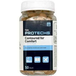 Flents Protechs Foam Ear Plugs, Contoured for Comfort, Ideal for Work with Loud Noise, Heavy Machinery, Construction, Studying & Traveling, NRR 32, Beige, Easy to Use, Made in The USA, 50 Pair