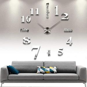 DIY Wall Clock Modern Large 3D Frameless Wall Clock Mirror Stickers Decor Home Office Living Room Bedroom Coffee Hall Bar Wall Decoration, Silver