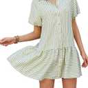 Womens Summer Striped Shirt Dress Short Puff Sleeve Button Down Ruffle Flowy Dress Loose Fit Casual Beach Wear (Green, XL)