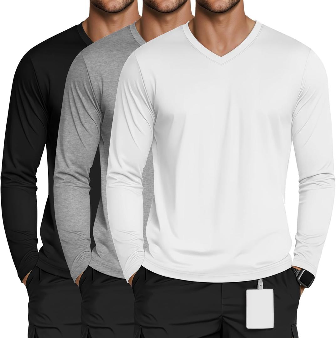 3 Pack Men's Long Sleeve Underscrub Nurse V Neck Scrub Undershirts Fitted Base Layer Tees for Medical Uniforms (Medium, White, Light Heather Gray, Black)