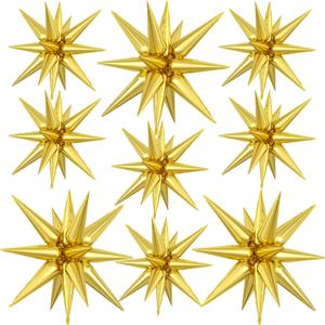 9Pcs Gold Star Balloons, Large Explosion Star Foil Balloons, Metallic Gold Mylar Spike Balloon for Birthday Wedding Anniversary New Year Christmas Graduation Party, 3 Pcs 27Inch & 6 Pcs 22Inch