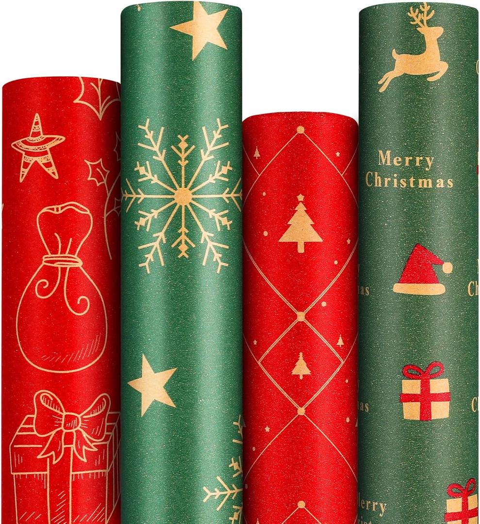 Panigkids Xmas Wrapping Paper Rolls - 4 Jumbo Kraft Wrap (17in x16.4ft Each) for Kids Adults, Festive Golden Red Tree & Green Snowflakes, Durable Holiday Gift Wrap + Jute Twine