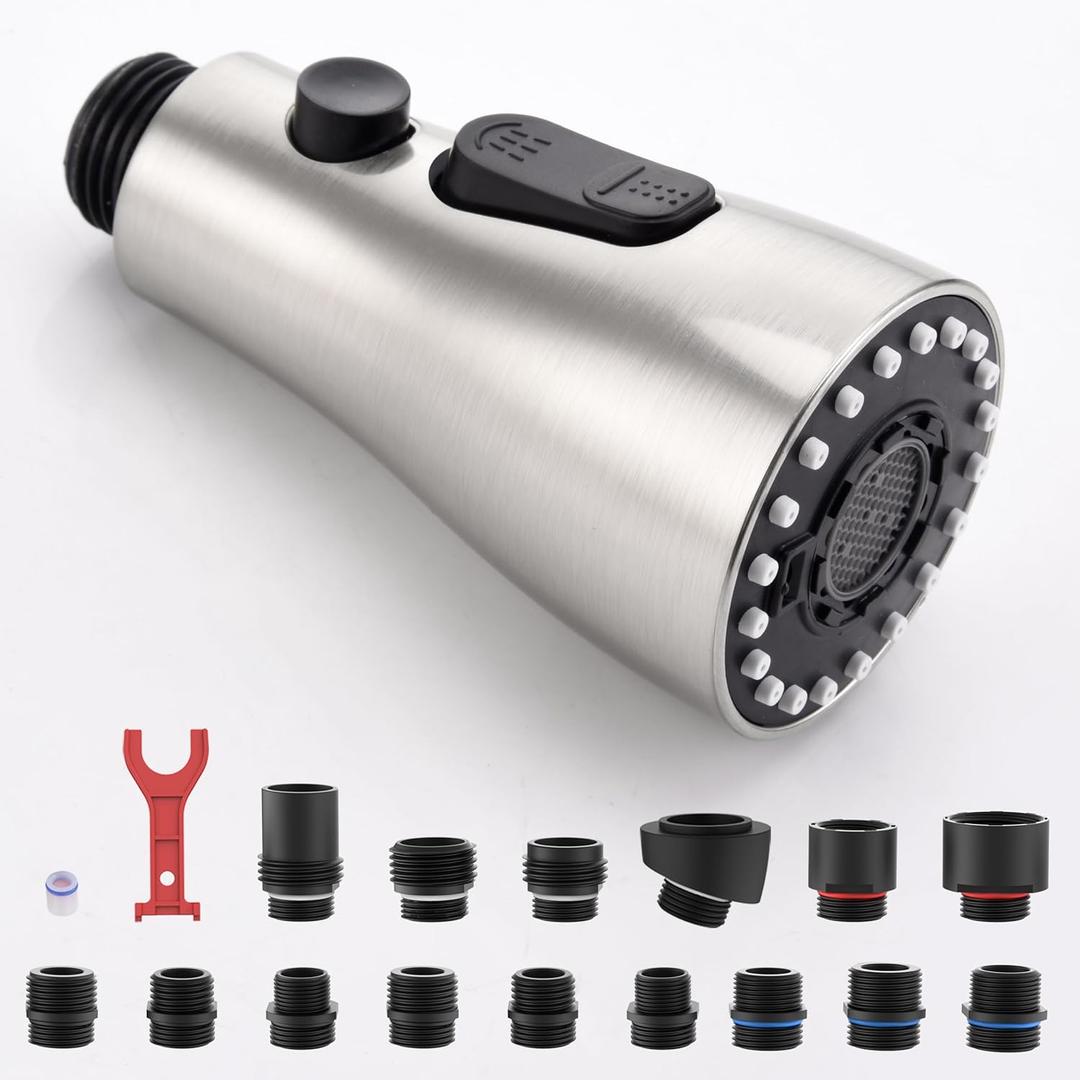 J-HVA Pull Down Kitchen Faucet Sprayer Head Replacement Part with 14 Adapters, 3 Function Pull Out Sink Sprayer Replacement Nozzle, Kitchen Faucet Head Hose Spray Tap Spout, Brushed Nickel