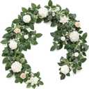 Ling's Moment 5FT White Artificial Flower Garland Fake Rose Green Leaves Floral Garland Arch Flowers Vine for Wedding Party Backdrop Decor Mantel Home Table Centerpieces Window Decorations