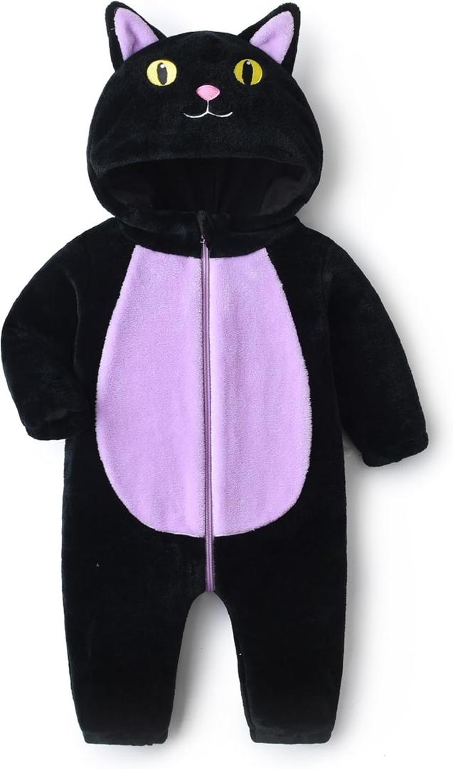 Baby Halloween Costume Funny 3D Cat Outfit Toddler Fuzzy Hooded Zipper Jumpsuit Animal Onesie for Boys Girls (2-3T, Black Purple)