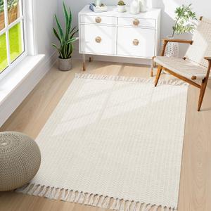 Lahome Belle Boho Rugs for Entryways, 3x5 Kitchen Rug Lightweight Bedroom Rugs Washable Bath Mat with Tassels, Farmhouse Cotton Beige Living Room Low Pile Throw Rug for Laundry Office Decor
