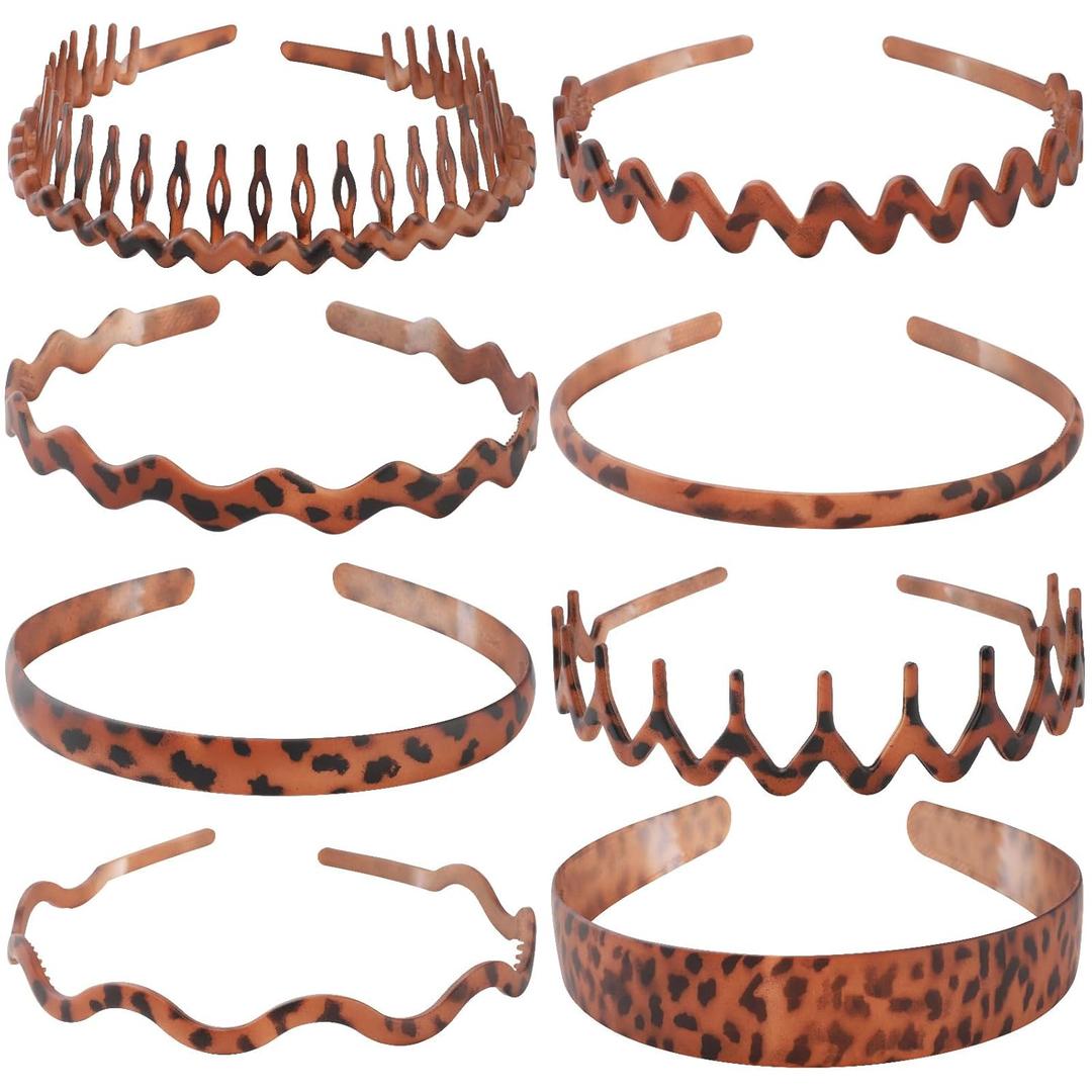 AWAYTR Plastic Matte Zig Zag Headbands for Women, Non Slip with Teeth, 8 Pack (Leopard print, One size)