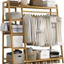 Bamboo Clothing Garment Rack 7 Tier Storage Shelf Coat Clothes Hanging Rack, Portable Wardrobe Closet Organizer With Top Shelf, Shoe Storage Shelves for Bedroom (Natural - 51.18 in)