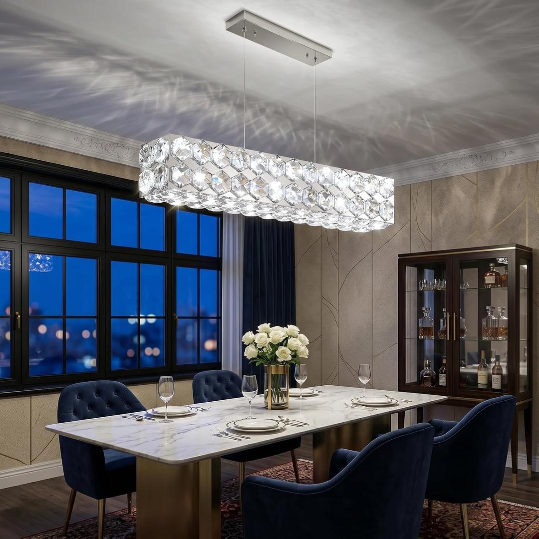24'' Modern Crystal Chandelier for Dining Room Ceiling Light Fixture for Living Room Hallway Lighting LED Dimmable with Remote Silver