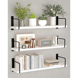 Floating Shelves - 24 Inch Wall Mounted Set of 3, Rustic Wood Shelves for Living Room Storage and Wall Decor (White)