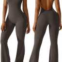 OEAK Womens Flare Jumpsuit with Bra Tummy Control Cutout Romper Workout Outfit Sleeveless Unitard One Piece Backless Bodysuit (Large, Brown)