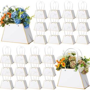 Noveread 24 Pcs Mother's Day Floral Gift Bags Bulk Portable Flower Bouquet Wrapping Paper Bag with Handle Waterproof Florist Wrap Centerpiece Box for Women Anniversary Wedding Birthday (White)