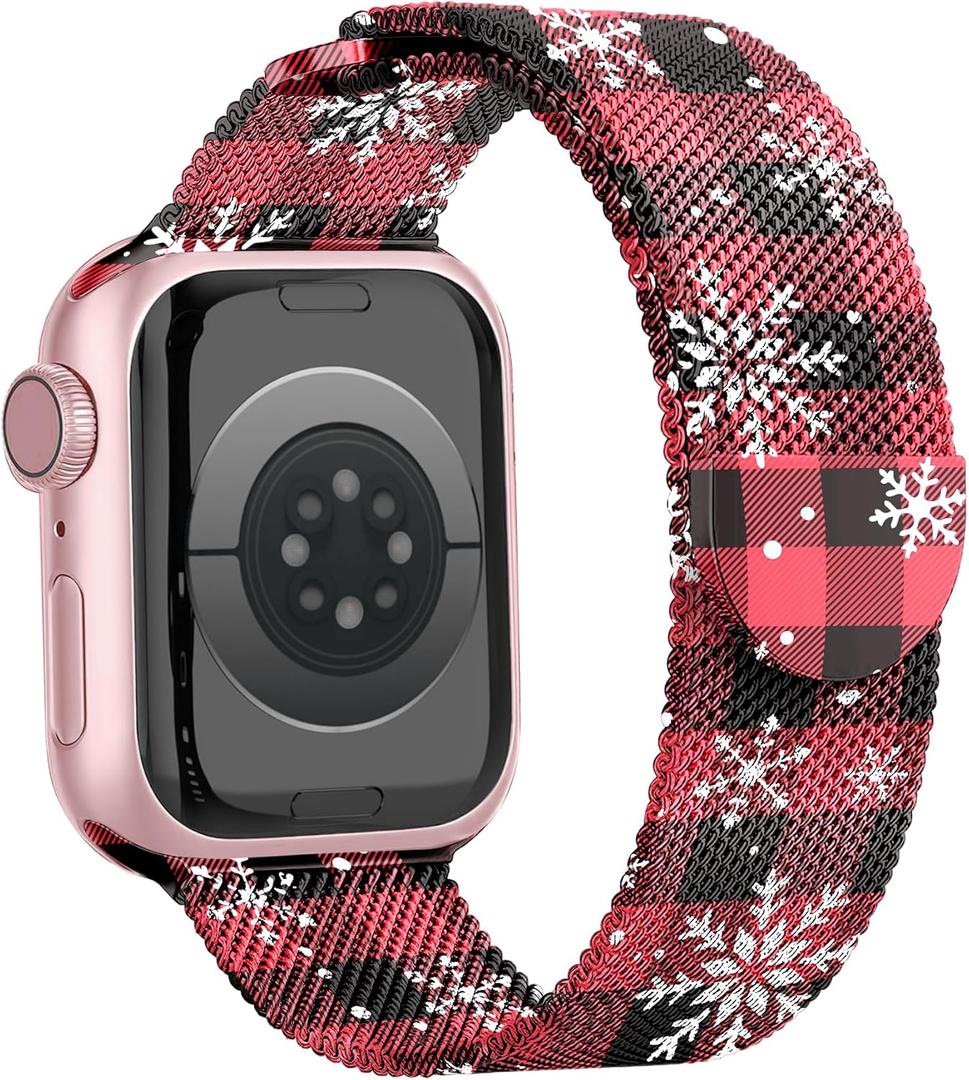 Christmas Apple Watch Bands for Women Men 38mm 40mm 41mm 42mm 44mm 45mm 46mm 49mm, Stainless Steel Magnetic Milanese Loop Christmas Apple Watch Band for iWatch Ultra Series 11 10 SE 9 8 7 6 5 (Christmas Checkered Snowflakes (Red & Black))