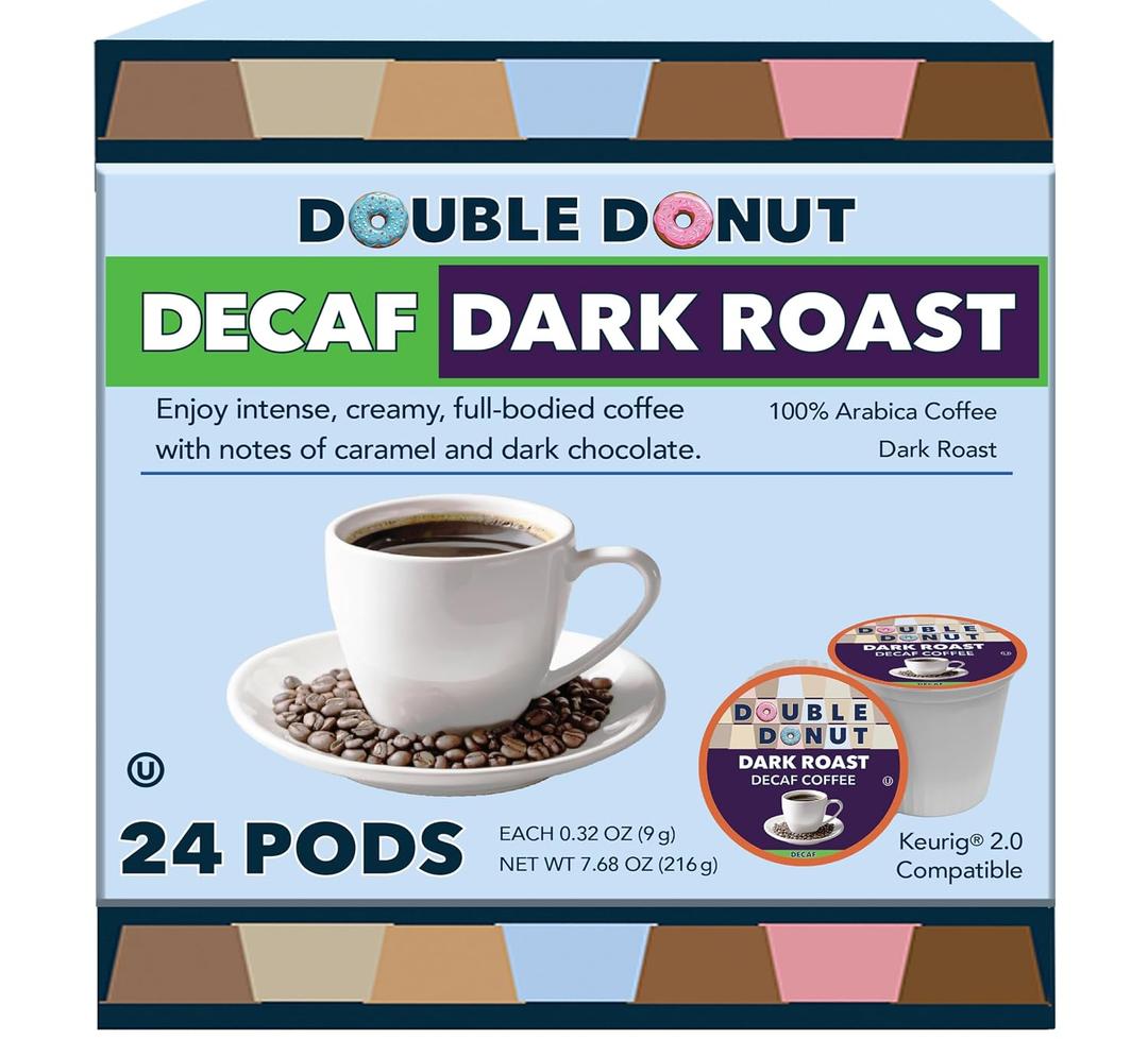 Double Donut Coffee Decaf Dark Roast Coffee Pods, Extra Bold Blend Coffee, Single Serve Coffee For Keurig K Cups Machines, Decaf Dark Roast Coffee in Recyclable Pods, 24 Count (EXP 09/01/26)