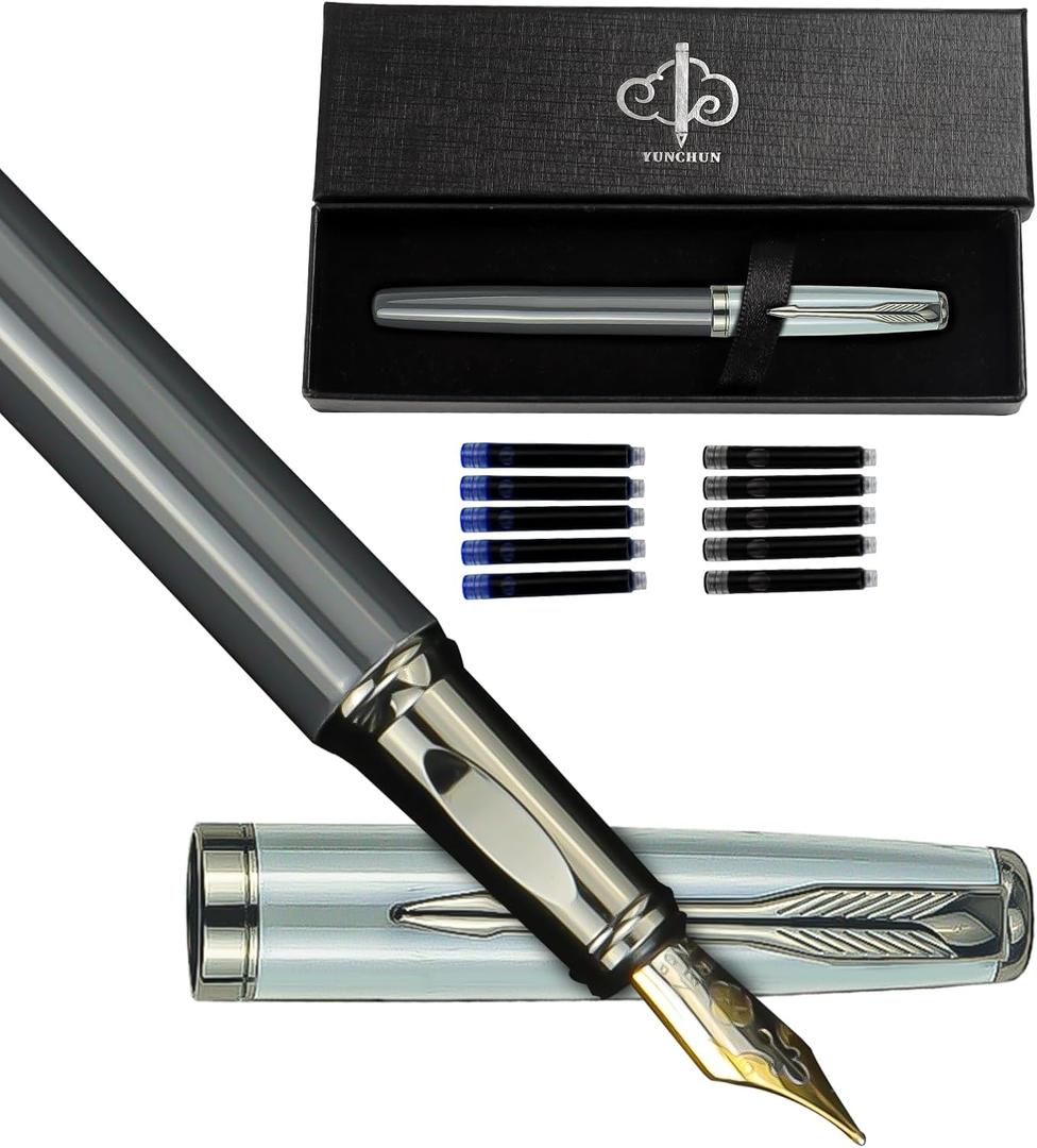 YUNCHUN Fountain Pens Set for Writing, Fancy Medium Nib Ink Pens of Morandi Color with 10 Black and 10 Blue Refills Cartridges, Best Pen Gift Set for Men Women, Office Professional Pen for Work, Gray
