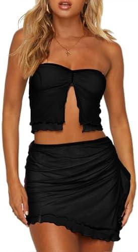 CSDAJIO Women's 2 Piece Outfits Sheer Mesh Split Front Strapless Tube Crop Top and Ruffle Mini Skirt Set, S