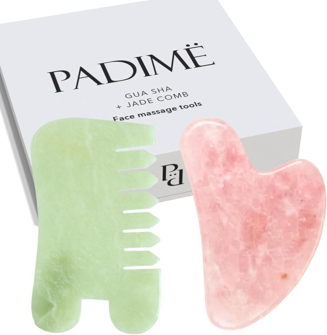 Padime 2 pcs | Premium Set Massage 2-in-1 | Rose Quartz Gua Sha Stone Facial Tools + Jade Comb Scalp Massager | Puffiness Reducing & Relieve Muscle Tension - Stimulates and Strengthens Hair Growth