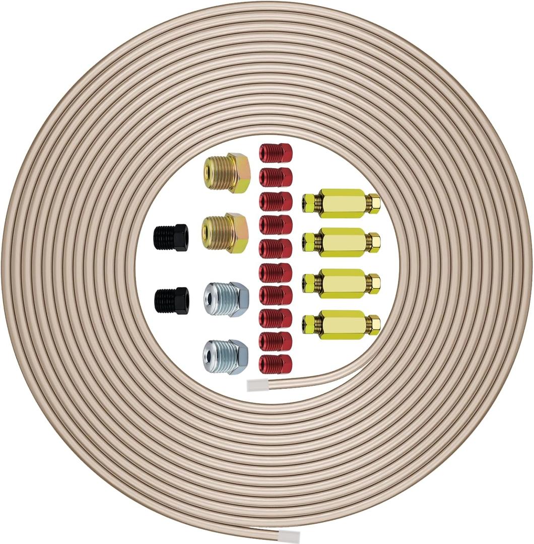 Genuine 3/ 16"ODx25FT Copper Nickel Brake Line Replacement Kit with 16 Nuts & 4 Unions/ Connector – Non-Magnetic Copper Tubing with Fittings for Brake Systems, Easy to bend, Corrosion-Resistant