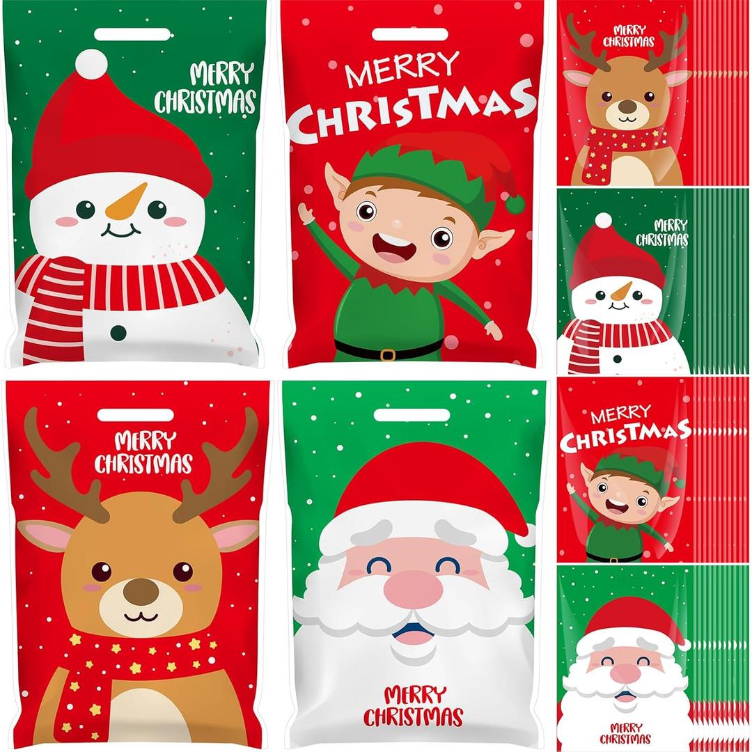Eaasty 100 Pcs Large Christmas Goody Gift Bag with Handles 11.8 x 15.7 Plastic Merry Christmas Merchandise Favor Bags Xmas Reusable Snacks Treat Wrapping for Holiday Party Decoration Supply (Cute)