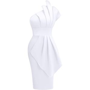 Memoriesea Women's Elegant One Shoulder Pleated Detail Bodycon Party Club Midi Dress (Medium, White)