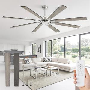 ZMISHIBO 80 Inch Ceiling Fan No Light with Remote Control, 8 Blades Quiet DC Reversible Motor, 6-Speed, Timer, Brushed Nickel Finish, Indoor Outdoor Ceiling Fans for Patios, Living Room, Garage