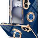 Designed for iPhone 17 Case with Ring Stand, 360 Rotatable Holder Support Magnetic Car Mount Soft TPU Plating with Full-Covered Lens Protection Phone Case for iPhone 17 Blue