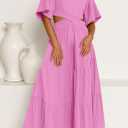 LEANI Women's 2025 Summer Cutout Maxi Dress Square Neck Short Sleeve Crossover Waist Casual Party Dresses (Pink, M)