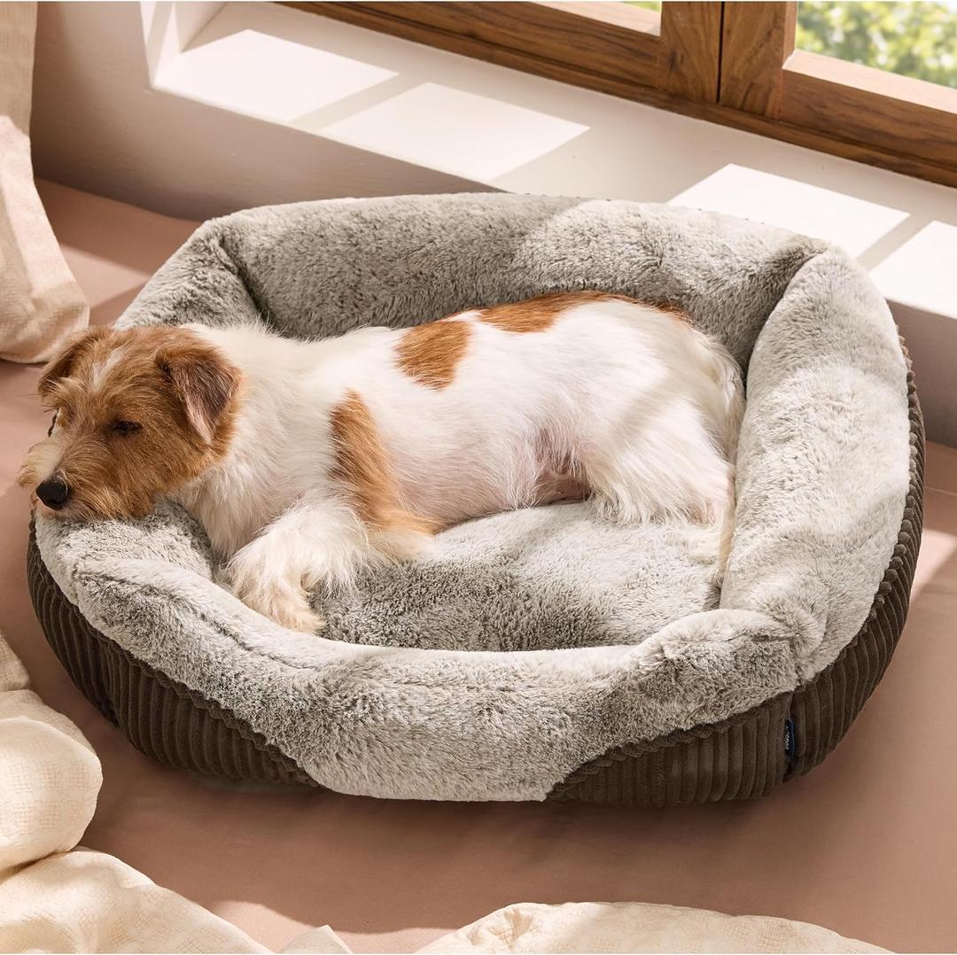 Bedsure Washable Dog Bed Small Medium Size Dog - Rectangle Fluffy Plush Pet Bed Puppy Bed, Comfy Corduroy Fleece and Nonskid Bottom,25x21x7inches,Suitable for Pet Up to 20lbs,Brown
