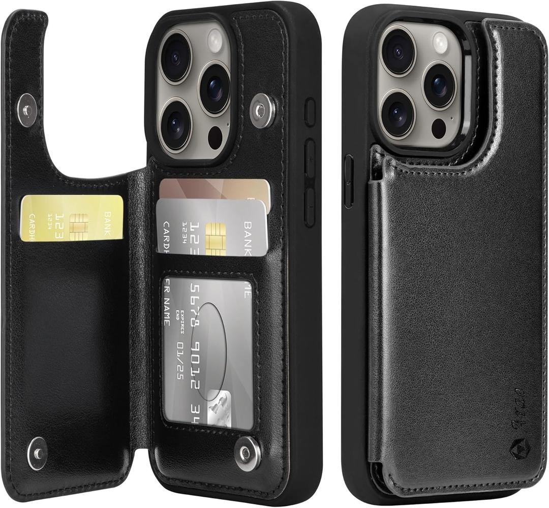 Arae Compatible for iPhone 15 Pro Case with Card Holder - Wallet Case with PU Leather Card Pockets Back Flip Cover for iPhone 15 Pro 6.1 inch - Black